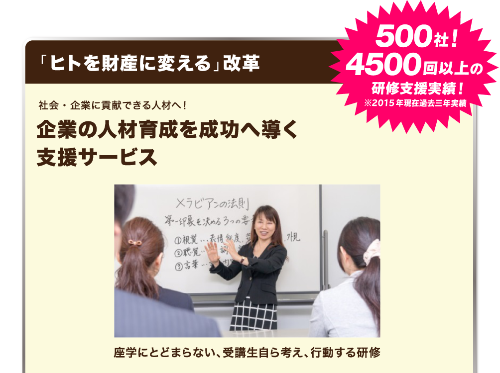 「ヒトを財産に変える」改革＜500社！4500回以上の研修支援実績！※2015年現在過去三年実績＞